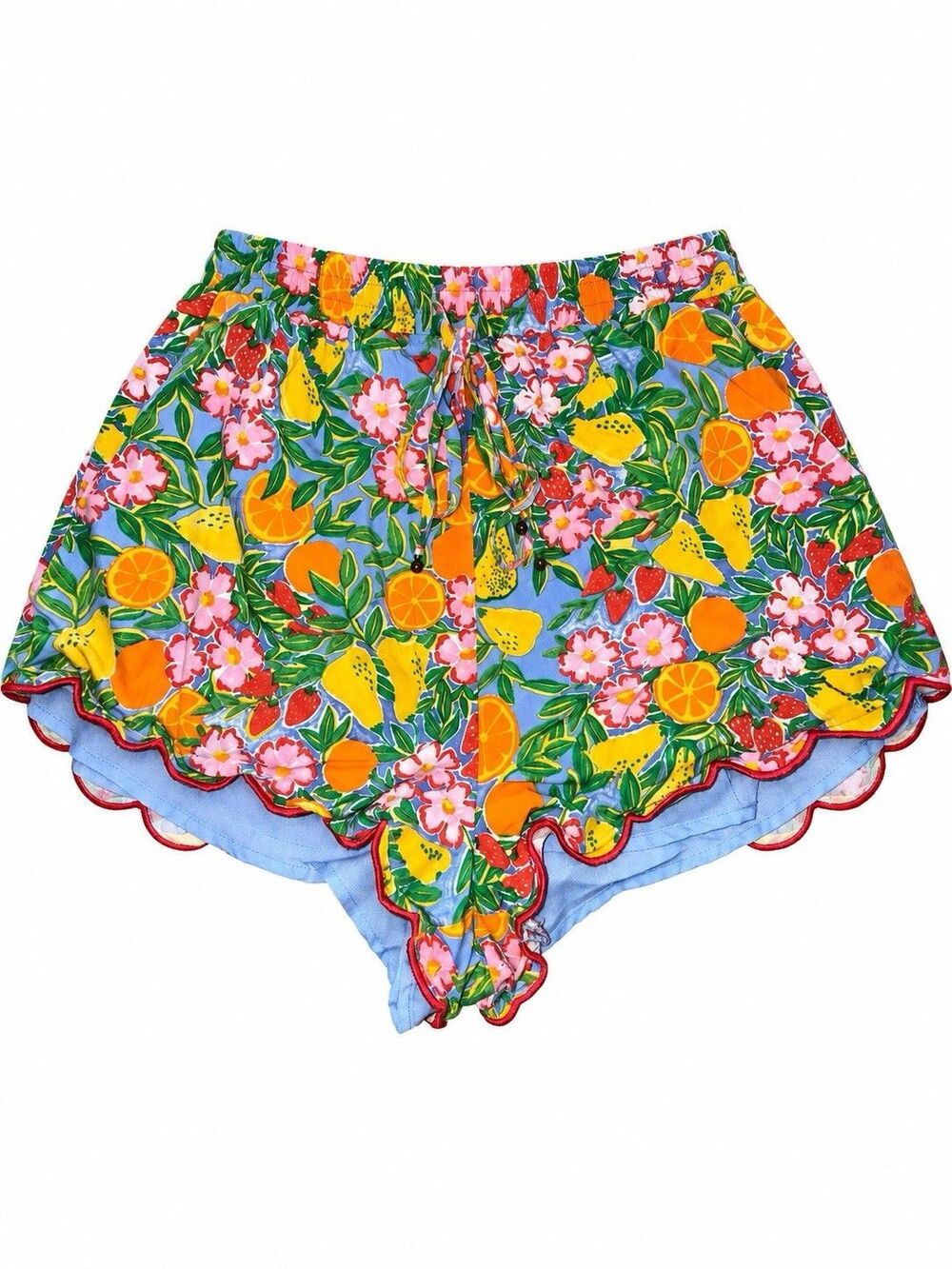 Mahina Citrus Fruit Floral Scalloped Shorts S Blue Tropical Resort Whimsical